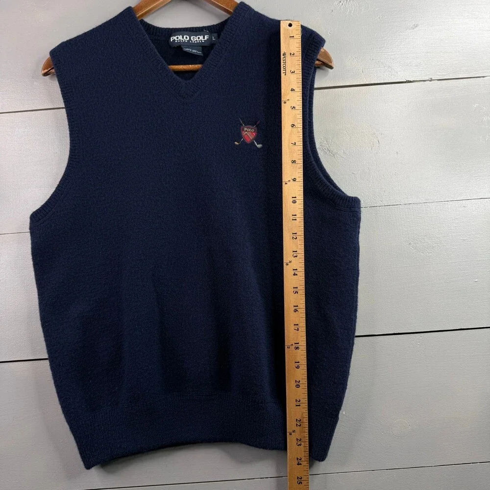 Polo Golf Ralph Lauren Sweater Vest Mens L Navy Wool Crest V Neck Vintage